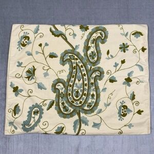 Pottery Barn Pillow Sham 20x25 Blue Green Embroidered Paisley Organic Cotton